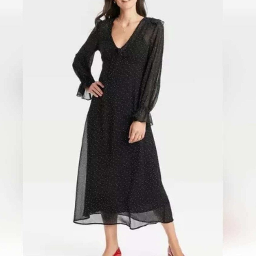 A New Day Maxi Dress Womens Large Black Polka Dot Ruffle Sleeve V-Neck Chiffon